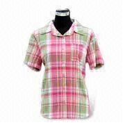 Women's shirts yarn-dyed fabric With lapel collar, short sleeves and cuff