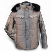 Men's winter jackets，polyester and rayon with metallic sheen， PU flap pockets with YKK fastener