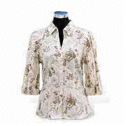 Women's shirts，printed fabric With chest pocket, satin belt and short sleeves