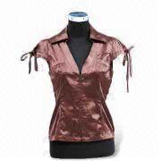 Women's blouses Material satin With short sleeves and V shaped collar
